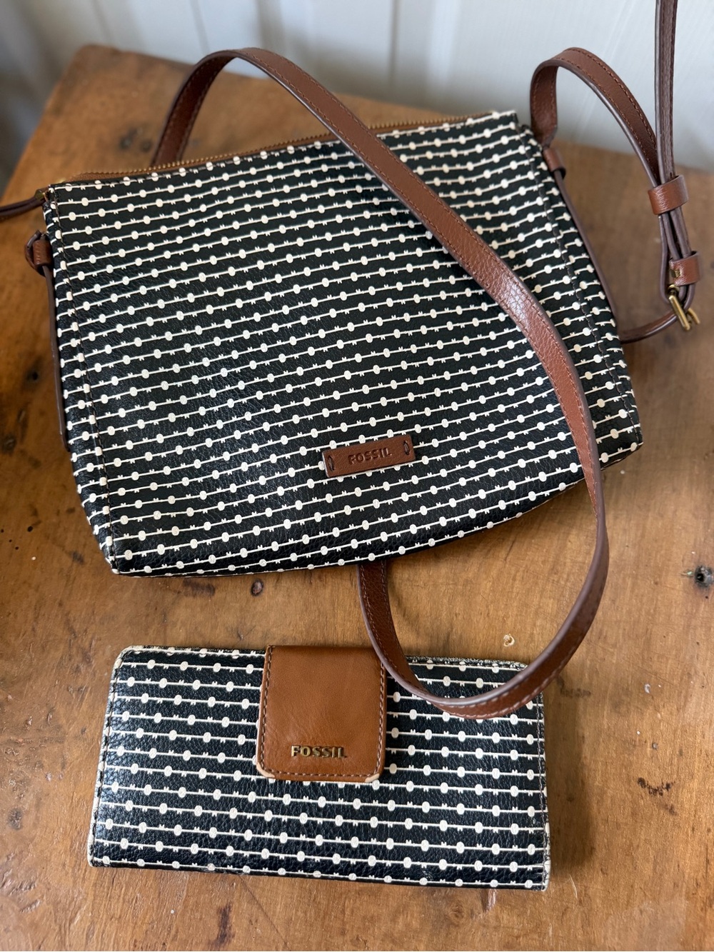 Fossil Black & White Dot-Stripe Crossbody and Wallet with Brown Trim